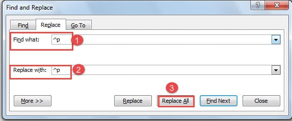 Type "^p" First -> Press Blank Key Once in "Find what" Text Box -> Type "^p" in "Replace with" Text Box -> Click "Replace All"